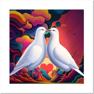 Pride: Dove Love No. 3 on a groovy retro-style rainbow-colored background Posters and Art